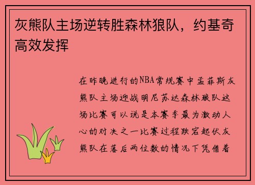 灰熊队主场逆转胜森林狼队，约基奇高效发挥
