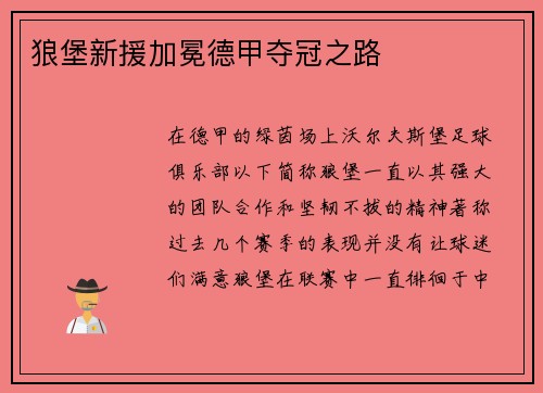 狼堡新援加冕德甲夺冠之路